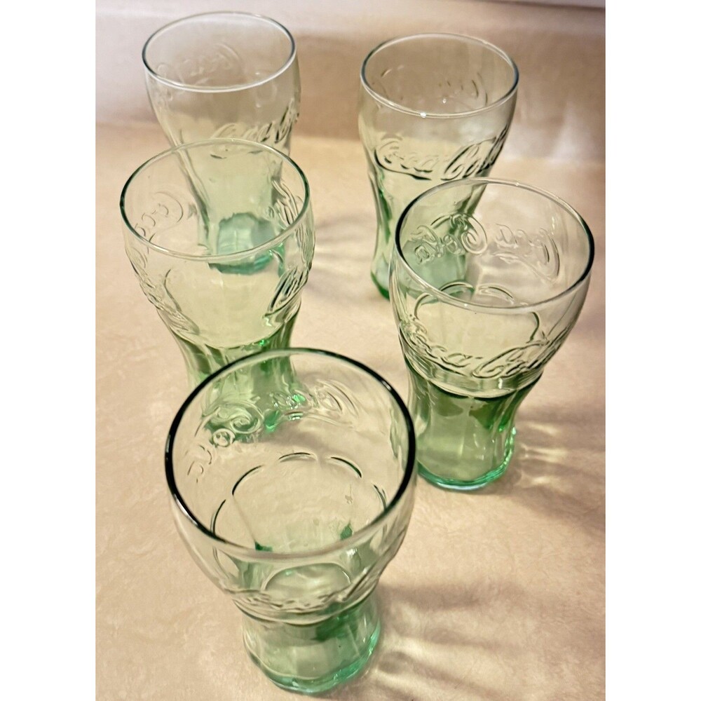 Coca-Cola  Collection Set Of 5 Green  Glasses Coke 4" Ounce Vintage Collectables